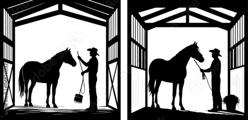 Silhouetted Stable Workers Grooming and Caring for Horses in Barn