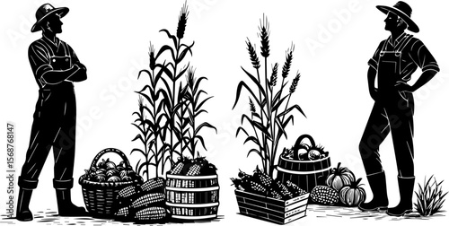 Silhouetted Farmers with Abundant Harvest: Agriculture and Rural Life