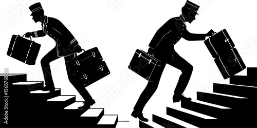 Silhouetted Bellhops Carrying Luggage Up Stairs: Hotel Service & Travel