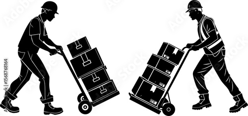 Silhouetted Workers Pushing Hand Trucks with Boxes: Logistics and Delivery