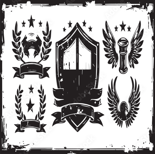Illustration of various heraldic symbols including wreaths shield and winged objects in black and white