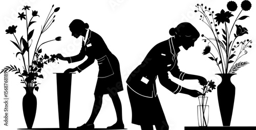 Silhouetted Female Florists Arranging Flowers for Events and Decor