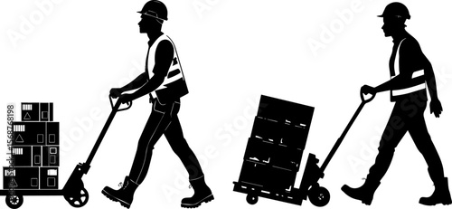 Silhouetted Warehouse Workers Moving Boxes with Hand Pallet Trucks