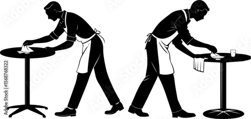Restaurant Staff Cleaning Tables: Waiter Wiping Down Surface Silhouette