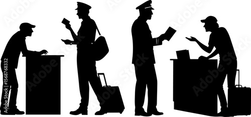 Airport Security and Customs Check: Travelers Interacting with Officers Silhouette