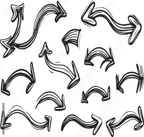A collection of hand drawn black arrows in various shapes and directions on a white background image
