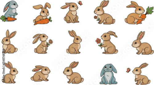 Vector set of cute rabbits in cartoon style. Bunny pet silhouette in different poses. Hare and rabbit colorful animals collection.
