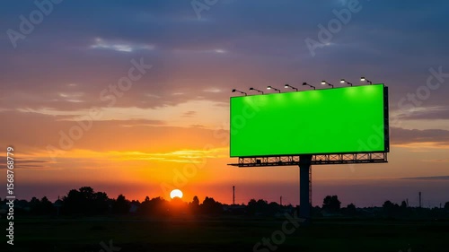 Vibrant Sunset with Green Billboard Over Silhouetted Landscape and Radiant Sun Casting Orange and Purple Hues
