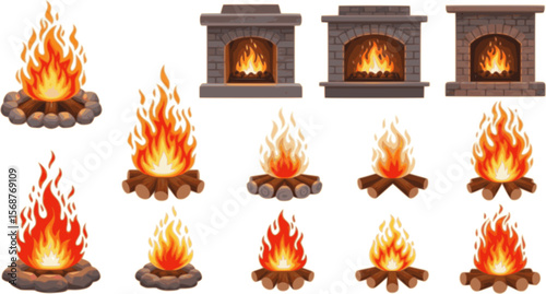 Campfire different types. Vector burning bonfire frames. Camping fire collection. Fireplace with fire coals or woodfire in cartoon style set. Vector illustration