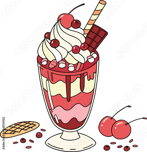 Cartoon Cherry Ice Cream Sundae with Chocolate and Waffle Illustration