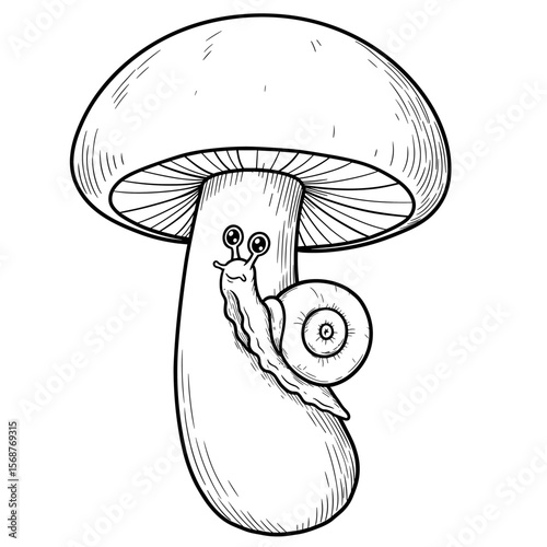 A snail with a spiral shell stretches forward atop a large mushroom, illustrated in detailed black-and-white line art.