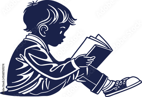 Illustration of a young boy sitting and reading a book attentively