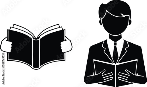 Black and white illustration of a person reading a book