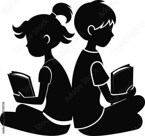 Children Reading Books Silhouette Back to Back Education and Learning Concept