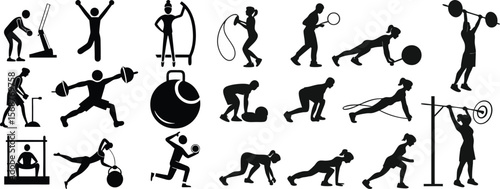 Silhouette Illustrations of People Exercising with Equipment and Bodyweight Training
