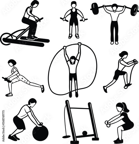 Black and white line art illustration of people exercising with gym equipment