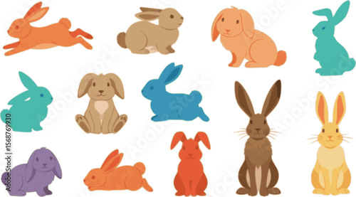 Vector set of cute rabbits in cartoon style. Bunny pet silhouette in different poses. Hare and rabbit colorful animals collection.
