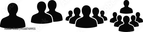 A collection of black silhouette people icons on a white background