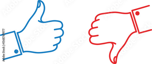 Blue thumbs up and red thumbs down hand icons on a white background