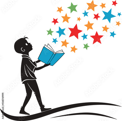 Boy reading a book with colorful stars coming out of it