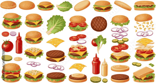 Big set of vector ingredients for burger and sandwich top view and front. Elements for different burgers isolated on white background. Fastfood hamburger maker with flying ingredients
