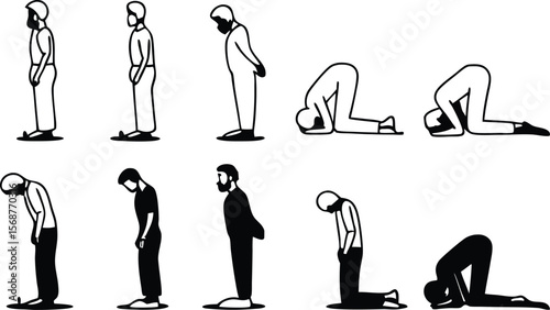 Muslim prayer sequence Salat steps Islamic worship postures black and white illustration
