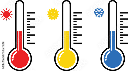 Three thermometers showing hot warm and cold temperatures with symbols