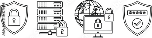 Outline drawing of security symbols including shields and padlocks