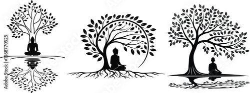 Buddha meditating under bodhi tree in different styles black and white
