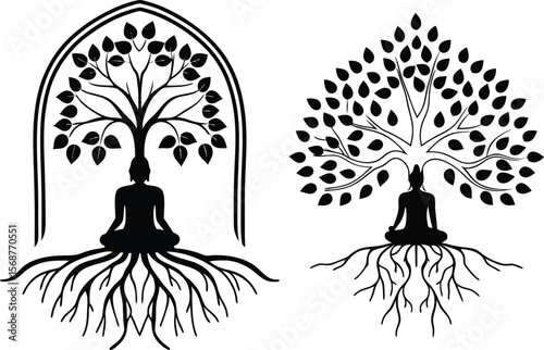 Buddha Silhouette Under Bodhi Tree with Roots and Branches Black Vector