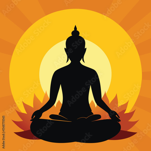 Silhouette of Buddha in Meditation Pose on Lotus Flower with Sun Background
