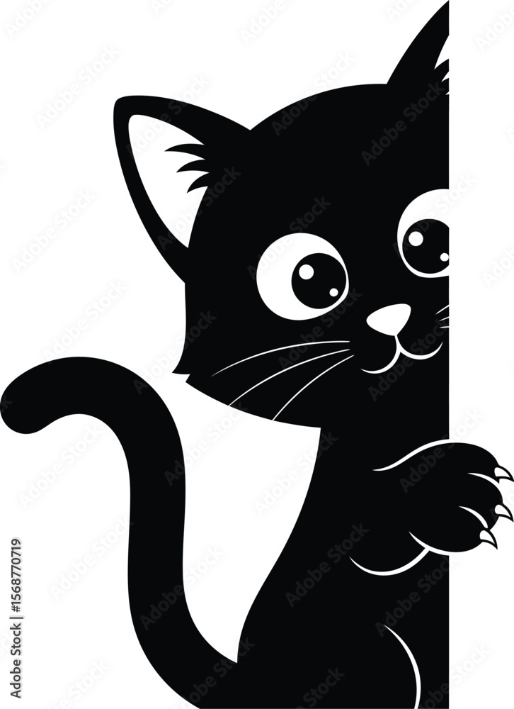 Fototapeta premium A black cat peeking from behind a white wall with its tail visible