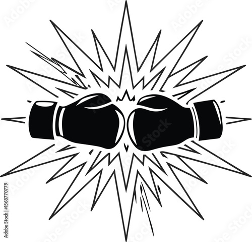 Boxing Gloves Clash with Impact Lines in Black and White Illustration