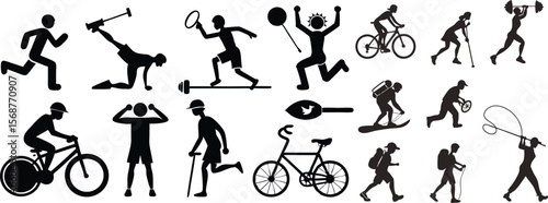 Silhouettes of people engaging in various sports and activities in black and white