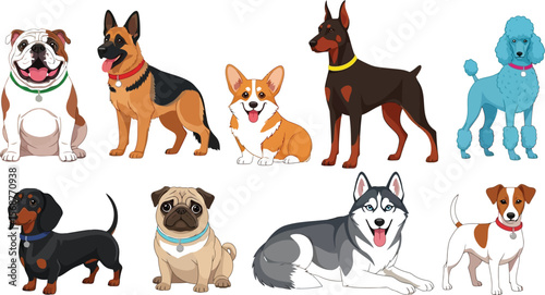 Illustration of various dog breeds standing and sitting on white background