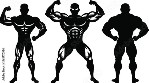 Three muscular bodybuilders in black silhouette posing on a white background