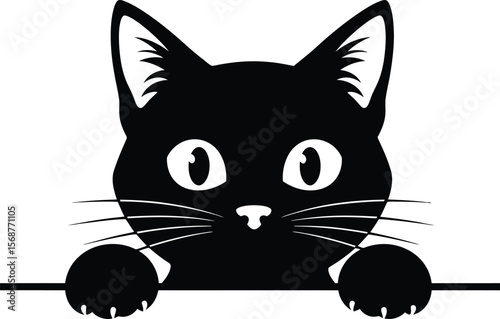 A black cat peeking over a white surface with its paws visible too