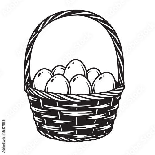 A vintage art illustration of a wicker basket full of fresh chicken eggs ready for cooking or farm decor