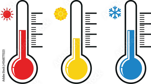 Three thermometers showing hot warm and cold temperatures on white background