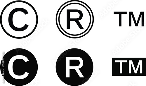 Illustration of copyright registered and trademark symbols in black white
