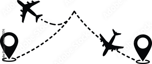Airplane travel route with dashed line and location pin icons in black