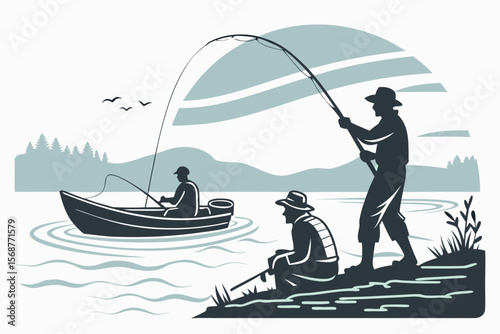 Fishing Silhouettes Clip Art — Fishermen, Rods, Boats, Big Catch, Hooks, Reels, and Lake Scenes for Outdoors & Hobby Brands