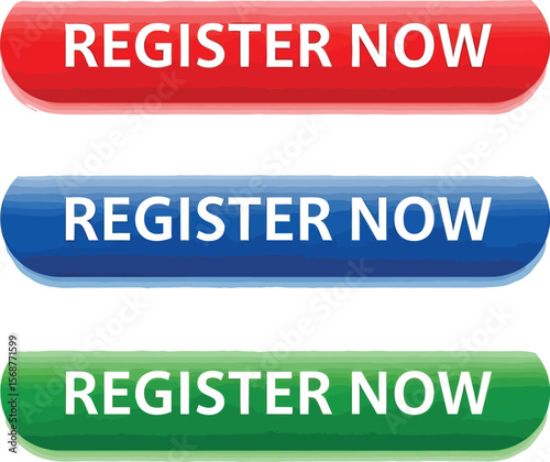 Three register now buttons in red blue and green on a white background