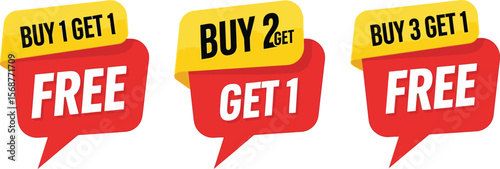 Three promotional banners with buy one get one and buy three get one