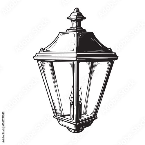 Classic engraved vintage art illustration of a lantern with candlelight illuminating the night