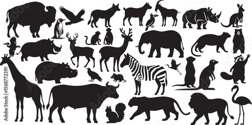 Diverse collection of animal silhouettes in black on a white background