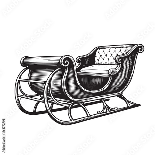 Detailed engraved vintage art illustration of an elegant sleigh against a white background