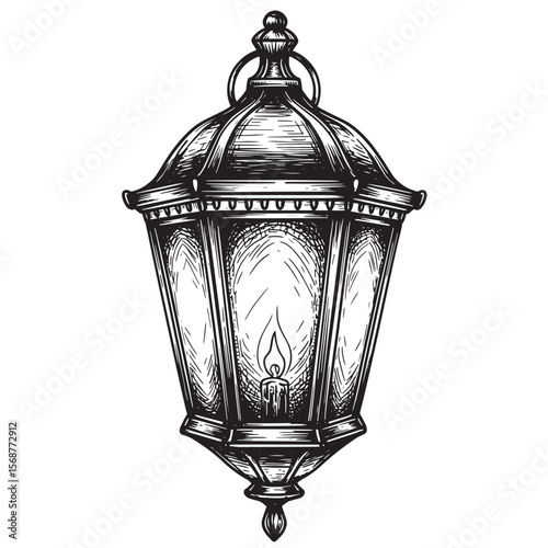 Detailed engraving of a vintage art lantern with a lit candle inside a glass enclosure isolated on a white background