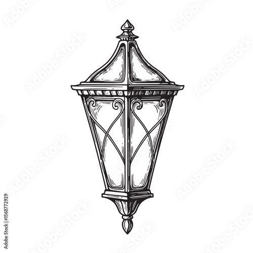 Detailed hand drawn vintage art illustration of a classic decorative outdoor lantern in black and white