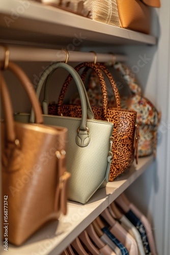 In a corner of the wardrobe, several handbags are neatly arranged
